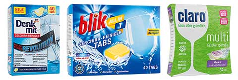 Geschirrspülmittel (Tabs) All-in-one im Test: Denkmit, Blik, Claro (Fotos: Stiftung Warentest)