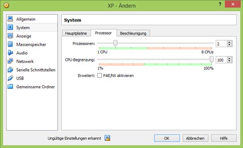 Windows XP unter Virtual Box - Schritt 18: Anzahl der virtuellen Prozessorkerne erhöhen (Bild: VKI-Screenshot)