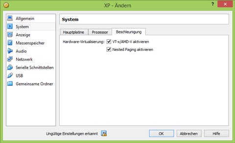 Windows XP unter Virtual Box - Schritt 17: Hardware-Virtualisierung aktivieren (Bild: VKI-Screenshot)