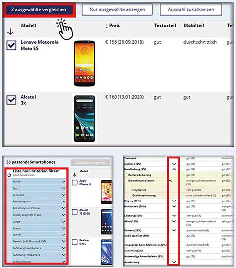 Filtern, sortieren, vergleichen - der Produktfinder (Screenshot:konsument.at)